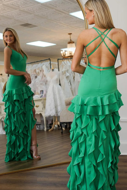 Green V Neck Sheath Satin Ruffled Prom Dress with Slit, PD25810