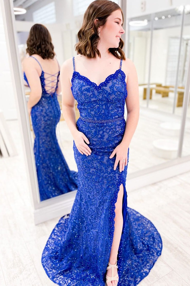 V Neck Royal Blue Lace Mermaid Long Prom Dress with Slit, PD25140