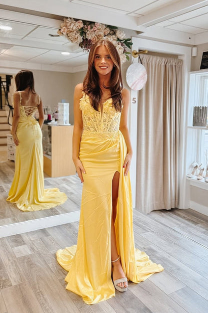 Yellow Sweetheart Sheath Satin Prom Dress with Slit, PD25793