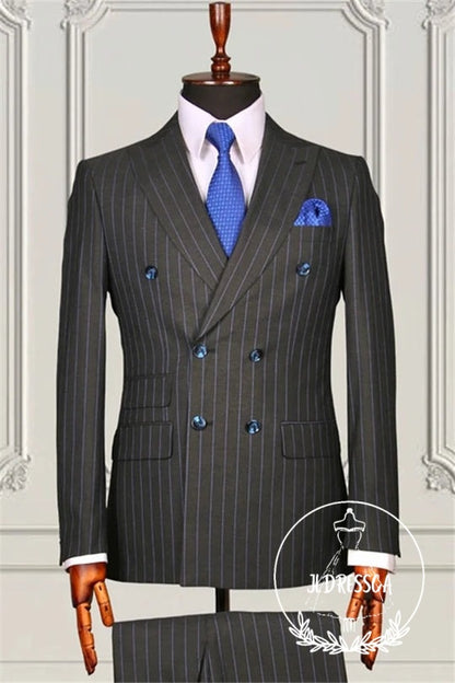 Formal Gray Striped Double Breasted Bespoke Men Suits, SU25125