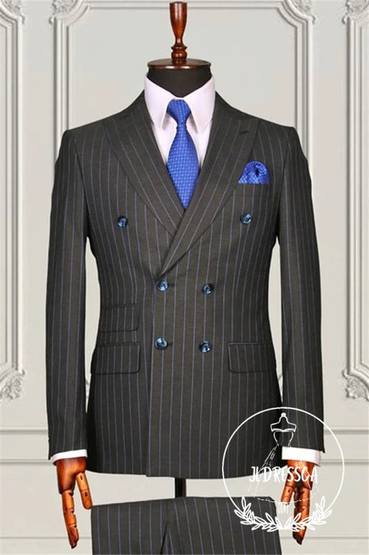 Formal Gray Striped Double Breasted Bespoke Men Suits, SU25125