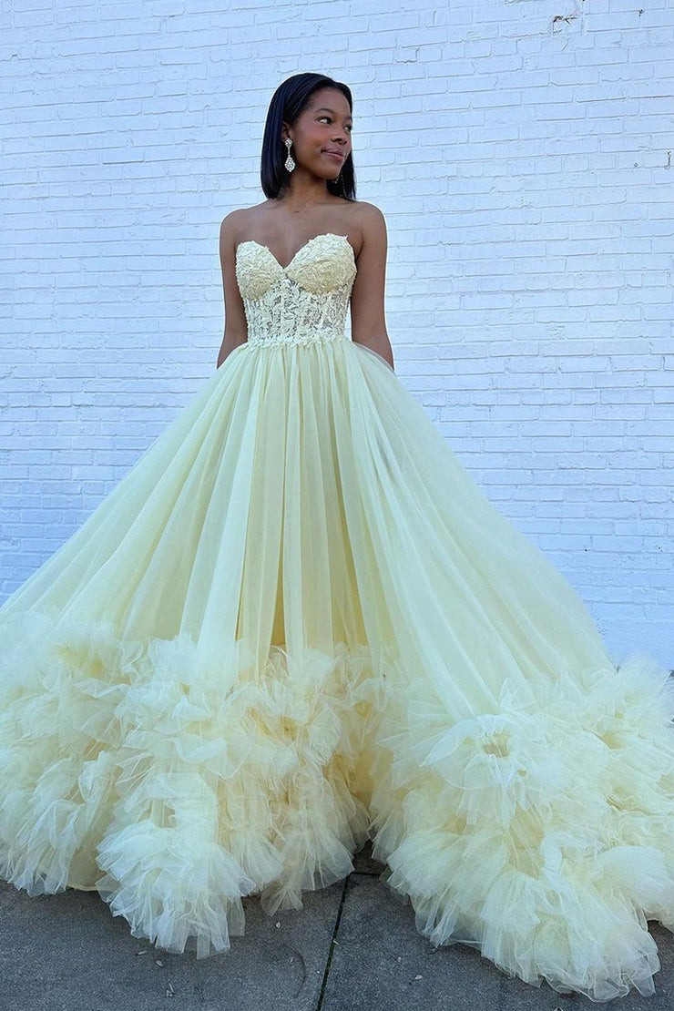Yellow A - Line Sweetheart Ruffle Tulle Long Prom Dresses, PD25532