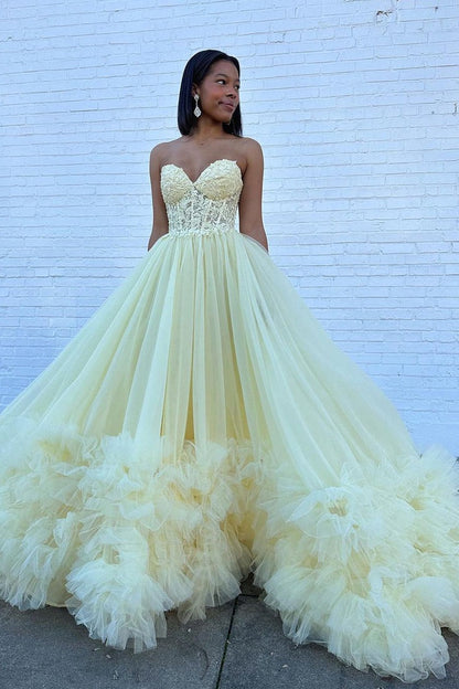 Yellow A - Line Sweetheart Ruffle Tulle Long Prom Dresses, PD25532