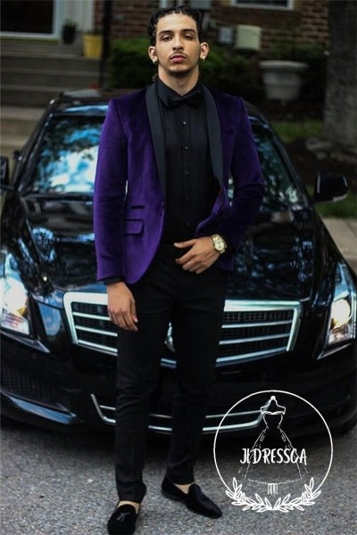 Purple Velvet Prom Party Suits Two Piece Men Suit with Black Lapel, SU25005