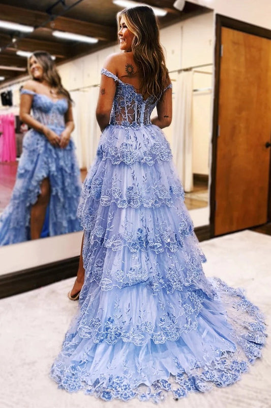 Periwinkle Off - the - Shoulder Tulle Appliques Ruffle Long Prom Dress, PD25642