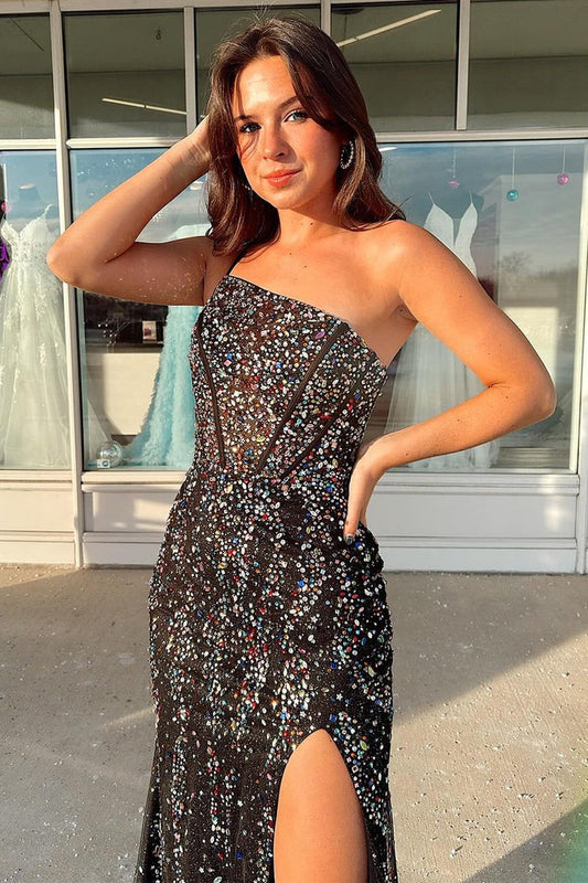 Black Beaded Mermaid One Shoulder Long Prom Dress, PD25452