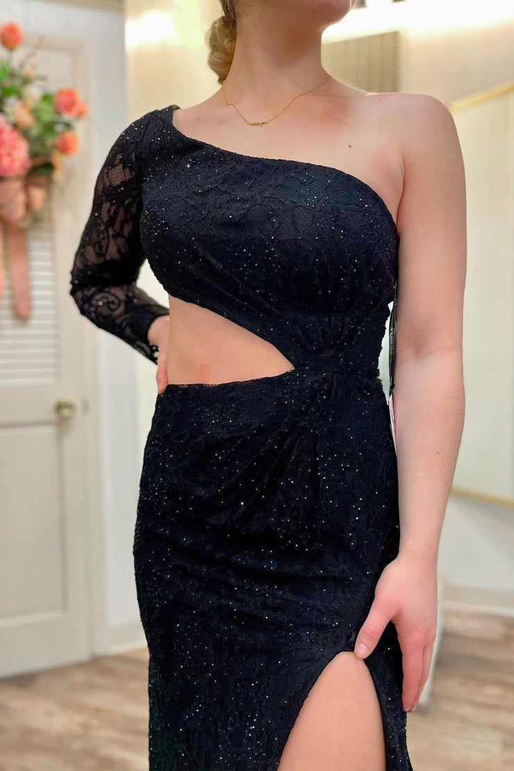 Black Lace Mermaid One Shoulder Long Prom Dress, PD25422