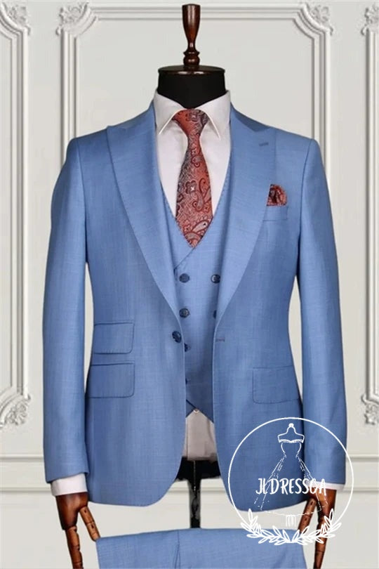 Light Blue Peaked Lapel Three Pieces Men Suits, SU25075
