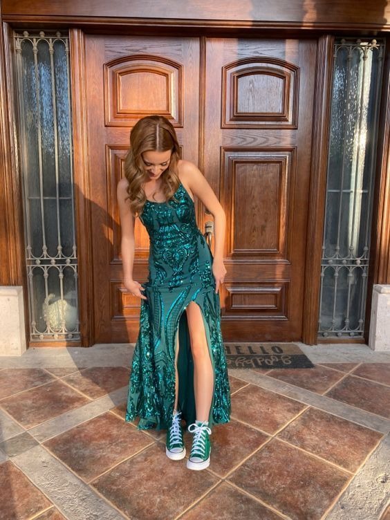 Green Sequin Sparkly Mermaid Scoop Neck Prom Dress with Lace-up, PD25442