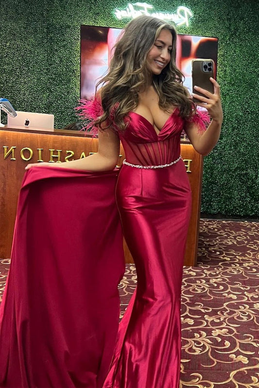 Dark Red Off-the-Shoulder Satin Long Prom Dress with Feather, PD25562