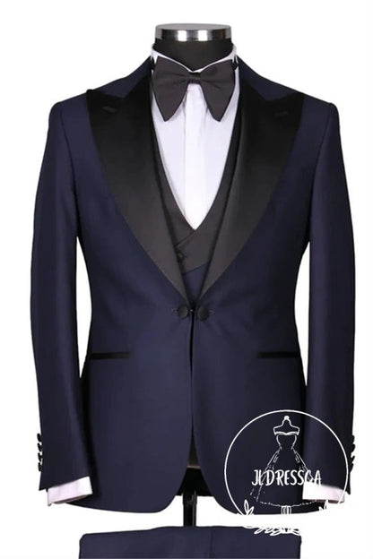 Navy Blue Peaked Lapel Three Pieces Slim Fit Wedding Men Suits, SU25145