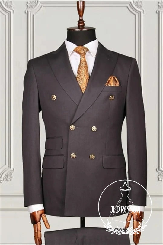 Dark Gray Double Breasted Peaked Lapel Formal Business Men Suits, SU25095