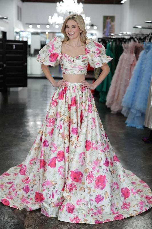 Floral Printed Two Piece Sweetheart Long Prom Dress, PD25409