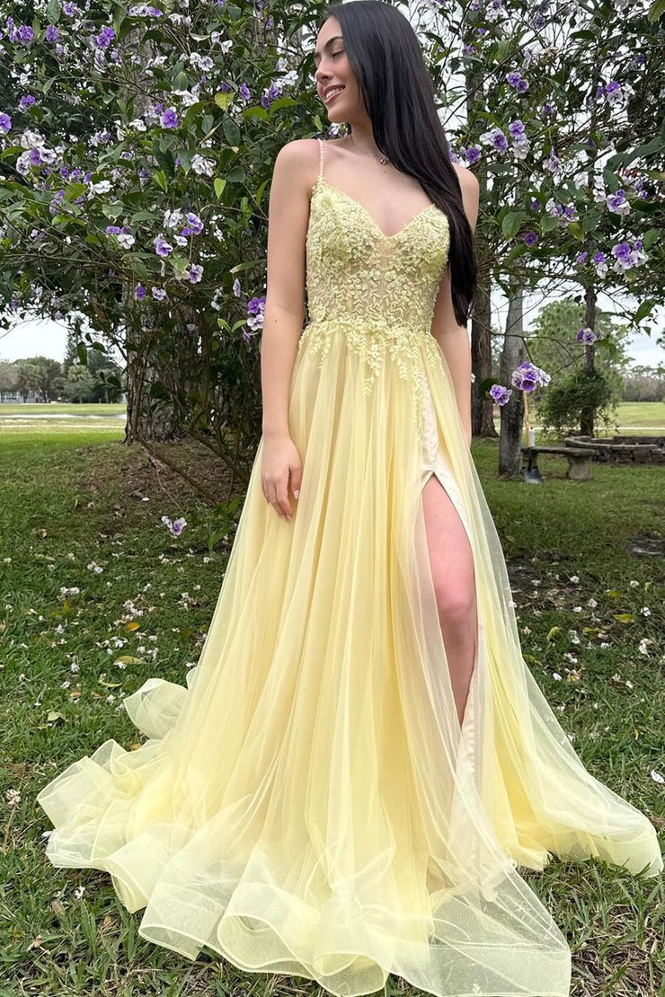 Yellow Tulle A-Line V Neck Long Prom Dresses with Appliques, PD25472