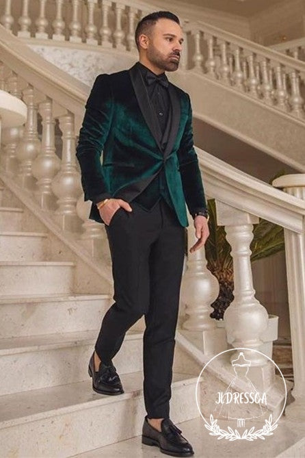 Dark Green Velvet Three Pieces Fashion Shawl Lapel Wedding Groom Suits, SU25014