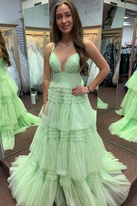 Light Green Spaghetti Straps Layers A-line Long Prom Dress, PD25692