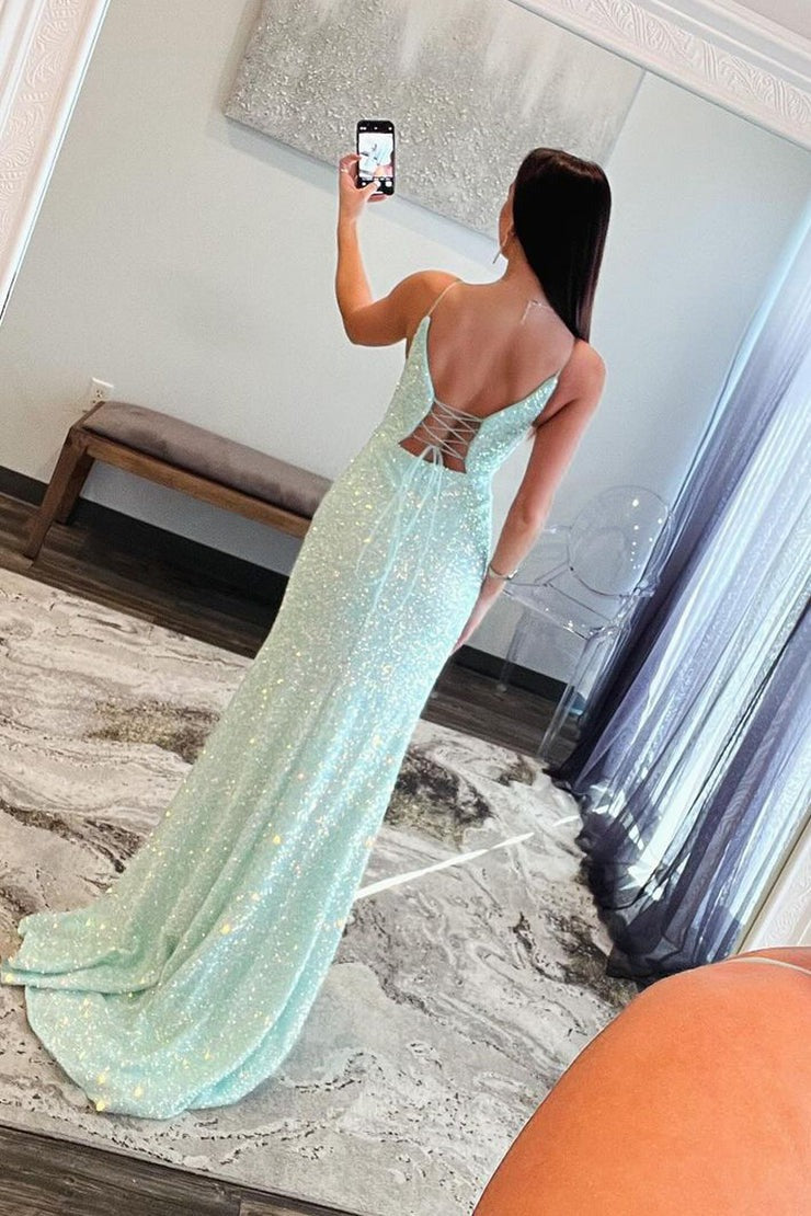 Sequins Mermaid V Neck Long Prom Dress with Appliques, PD25362