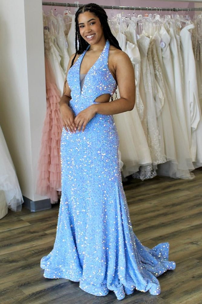 Blue Halter Iridescent Sequin Trumpet Long Prom Dress, PD25701