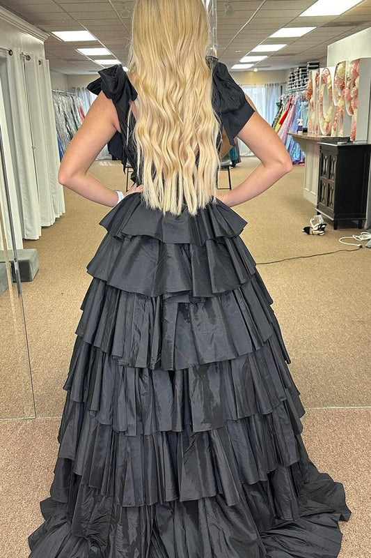 Black Plunge V Tiered Ruffle Ball Gown with Slit, PD25682