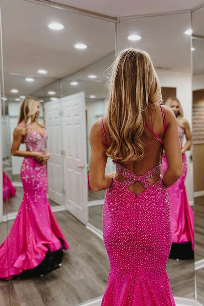 Hot Pink V Neck Beaded Satin Mermaid Long Prom Dresses, PD25711