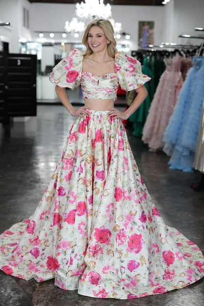 Floral Printed Two Piece Sweetheart Long Prom Dress, PD25409
