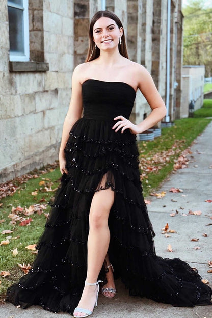 Light Blue Strapless Sequins Layered Tulle Prom Dress, PD25781
