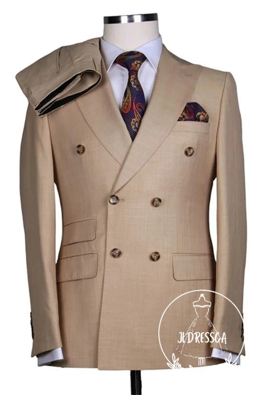 Khaki Peaked Lapel Double Breasted Business Men Suits, SU25165