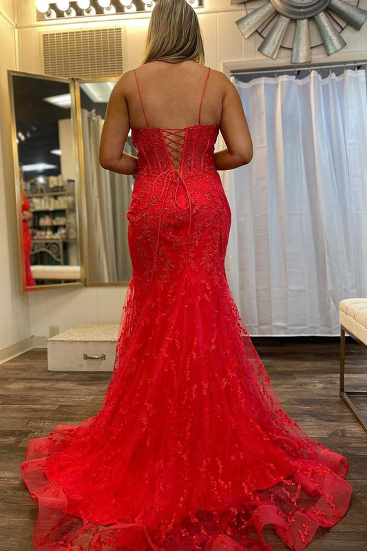 Red Tulle Lace V Neck Mermaid Long Prom Dresses, PD25512