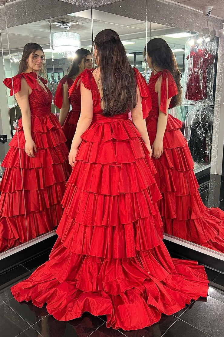 Red Satin A-Line V Neck Ruffle Tiered Long Prom Dress, PD25372