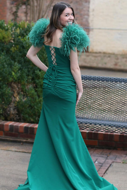 Dark Green Satin Mermaid Long Prom Dress with Feathered Shoulders and Slit, PD25722