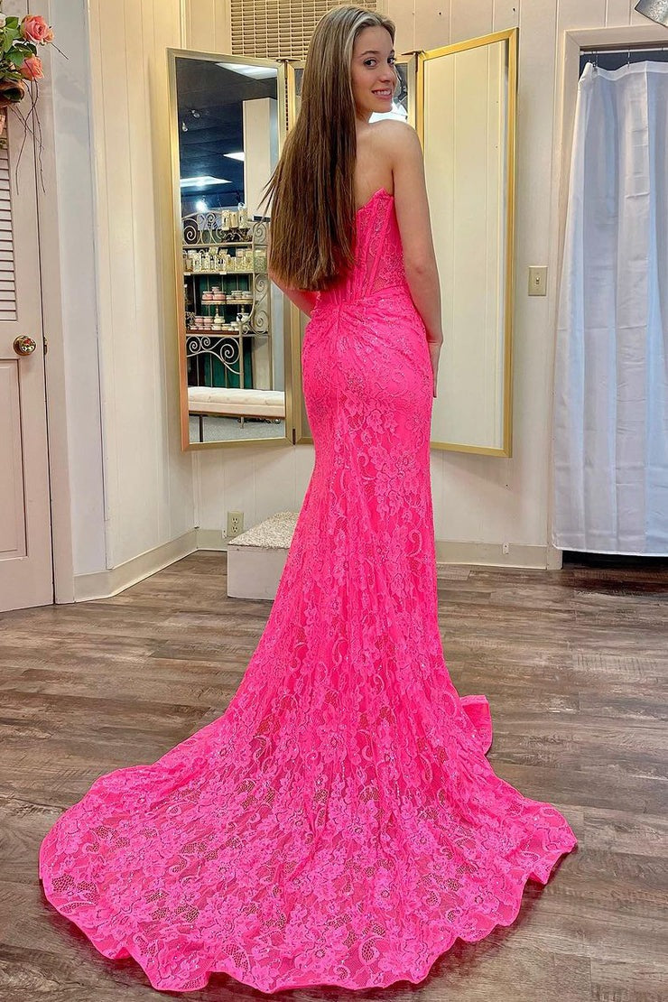 Fuchsia Mermaid Strapless Lace Long Prom Dresses with Slit, PD25502