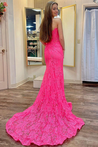 Fuchsia Mermaid Strapless Lace Long Prom Dresses with Slit, PD25502