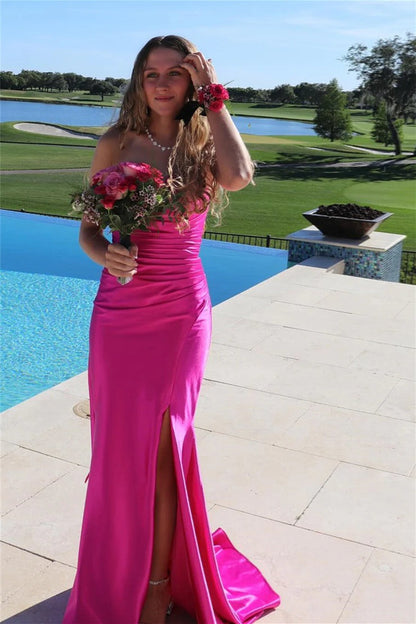 Hot Pink Silk Satin Chic Sheath Strapless Prom Dress, PD25402