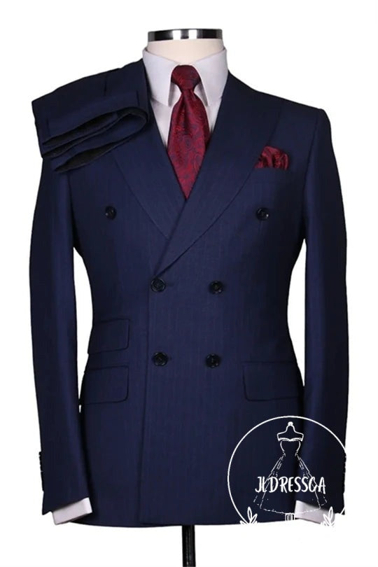 Dark Blue Double Breasted Striped Best Fitted Men Suits, SU25195