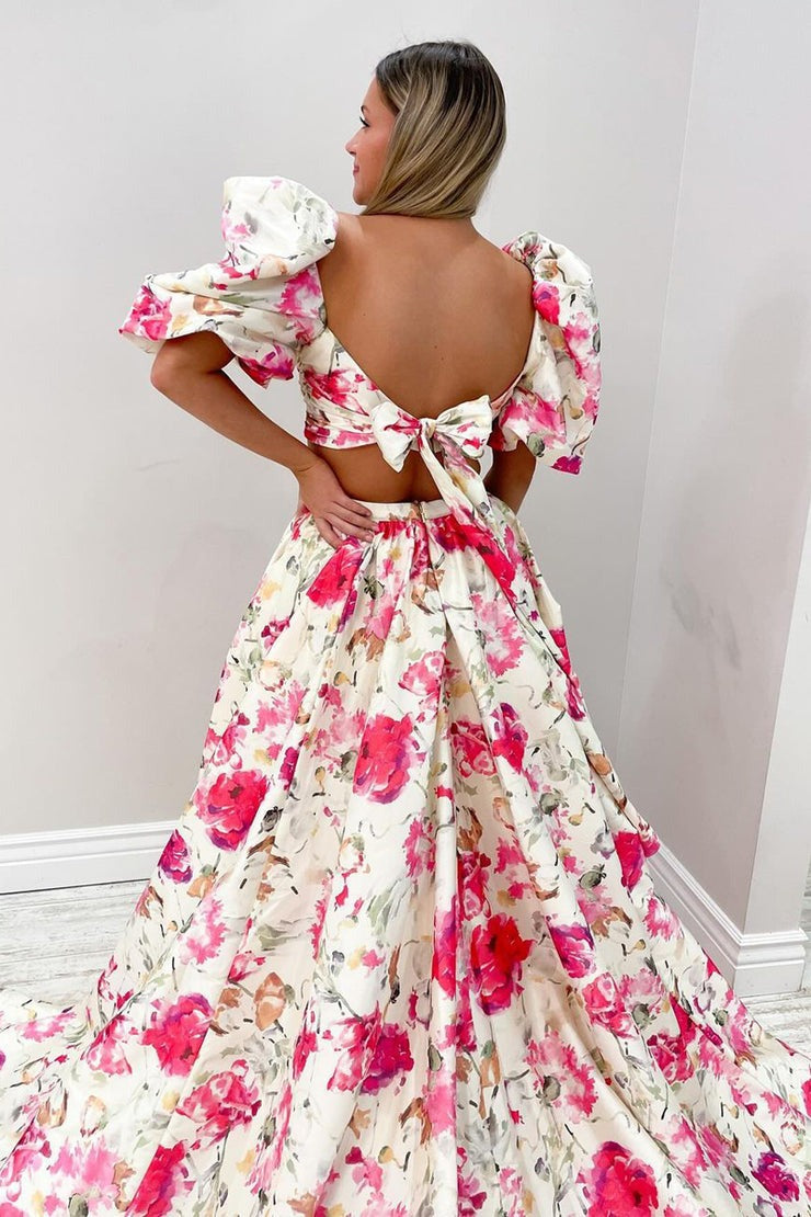 Two Piece Floral Printed Satin Long Prom Dress with Slit, PD25125