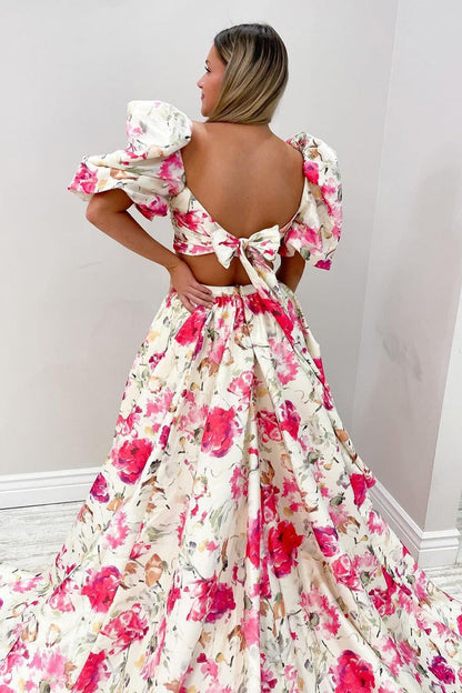 Two Piece Floral Printed Satin Long Prom Dress with Slit, PD25125
