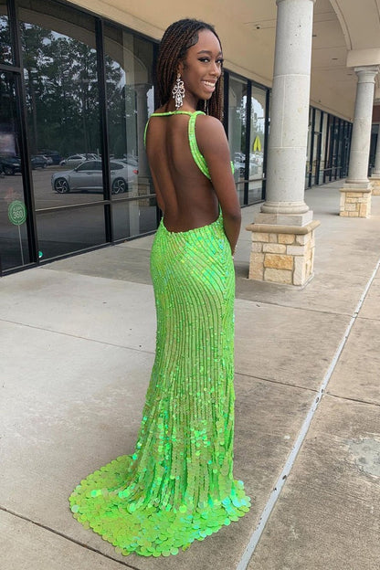 Green V Neck Sequins Mermaid Long Prom Dress with Slit, PD25280