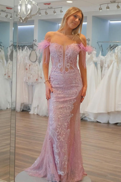 Pink Mermaid Off the Shoulder Sequins Appliques Long Prom Dress, PD25299