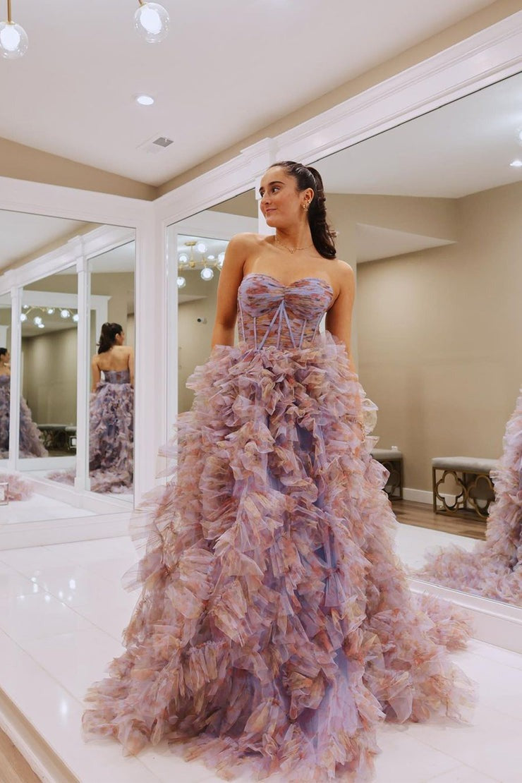 Floral Printed Tulle Long Prom Dress with Ruffle Tiered, PD25307