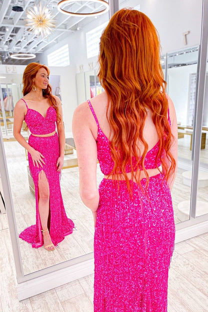 V Neck Two Piece Fuchsia Sequins Long Prom Dress with Slit, PD25121