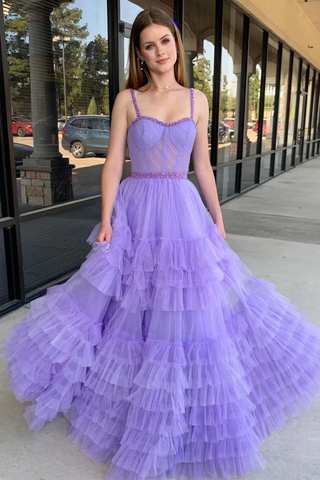 Lilac Sweetheart Ruffle Tulle A-Line Long Prom Dresses, PD2404243