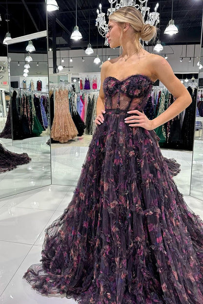 Floral Printed Black Strapless Tulle Long Prom Dress, PD25317