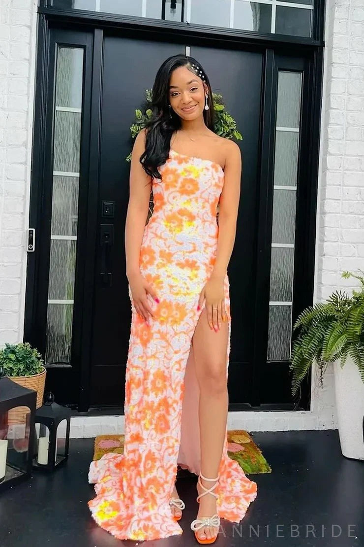 Purple White Sequins One Shoulder Mermaid Long Prom Dress with Slit, PD25241