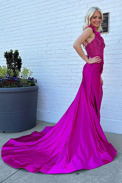 Satin One Shoulder Mermaid Long Prom Dress with Appliques, PD25216