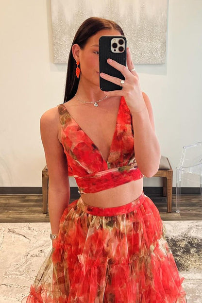 Floral Printed Two Piece V Neck Long Prom Dress, PD25320