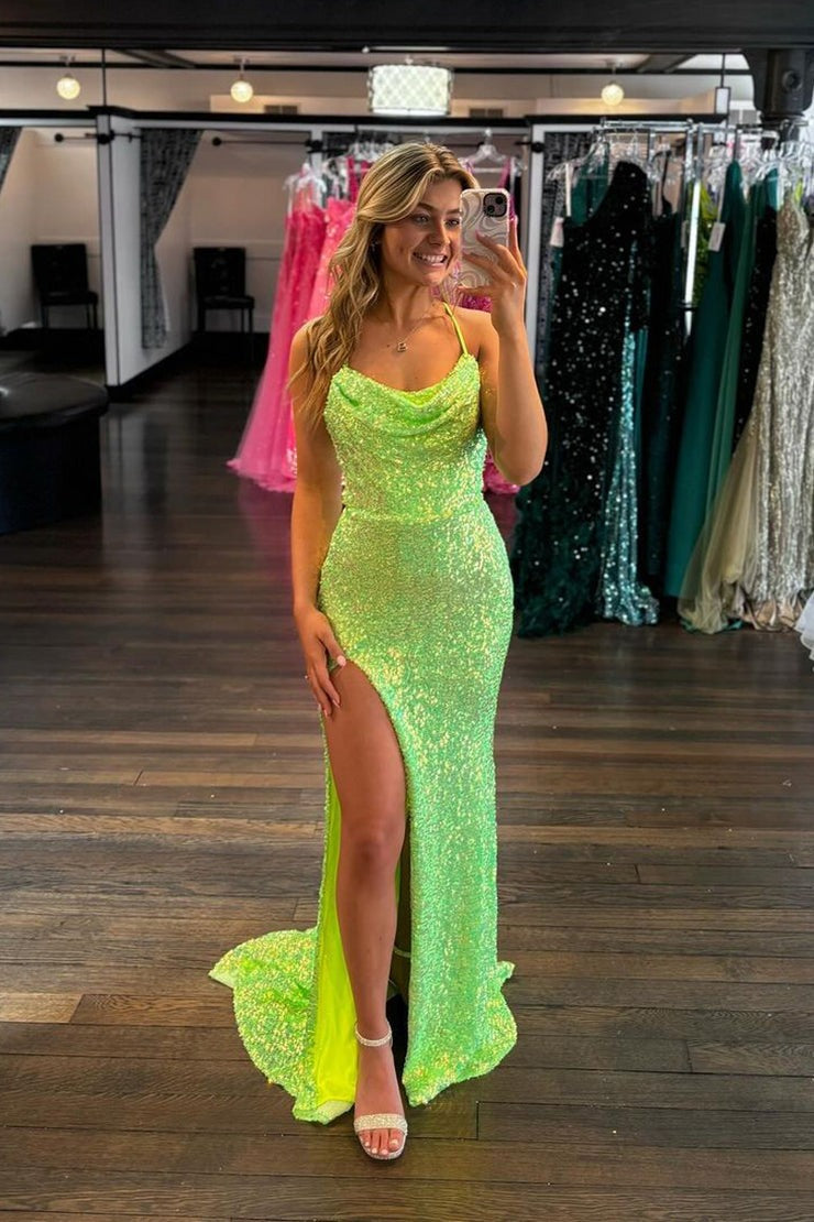 Cowl Neck Mermaid Green Sequins Long Prom Dresses with Slit, PD25084