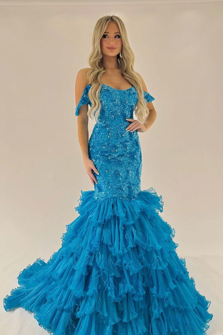 Off the Shoulder Mermaid Sequins Long Prom Dresses with Ruffles, PD25110