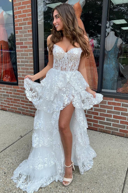 White Sequins Lace Off the Shoulder Ruffle Tiered Long Prom Dress with Slit, PD25223