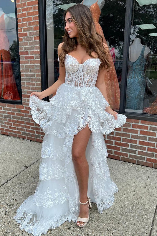 White Sequins Lace Off the Shoulder Ruffle Tiered Long Prom Dress with Slit, PD25223