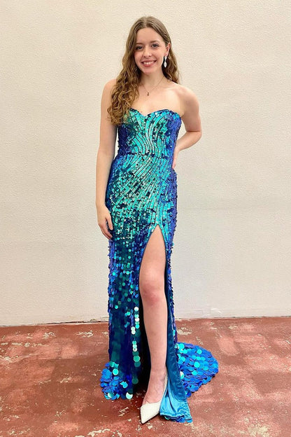 Blue Sweetheart Sequins Mermaid Long Prom Dresses, PD25353